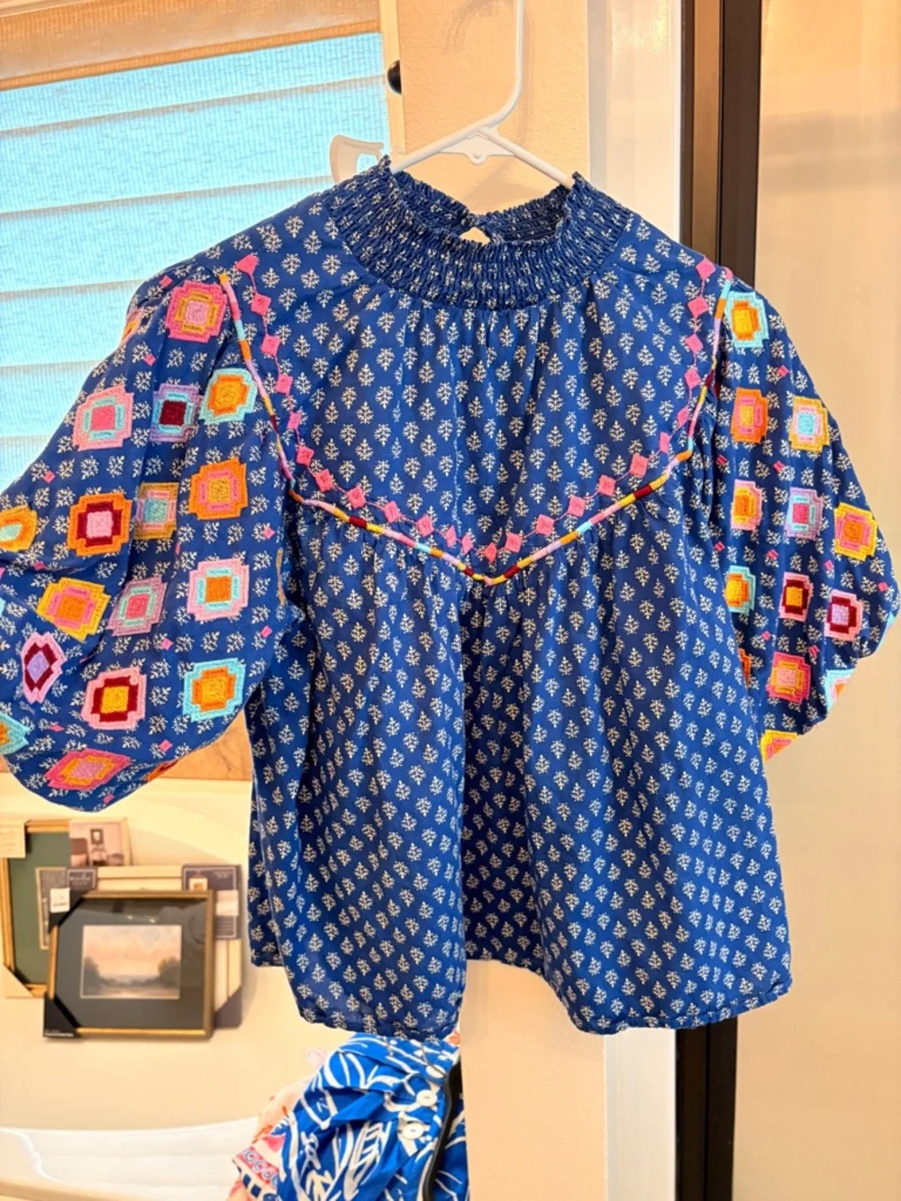 THML Royal Blue Embroidered Smocked-Neck Peasant Blouse - Picture 1 of 4